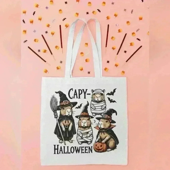 Spooky Cappy Capybara Halloween Canvas Tote Bag - Trick or Treat Bag - Picture 1 of 3